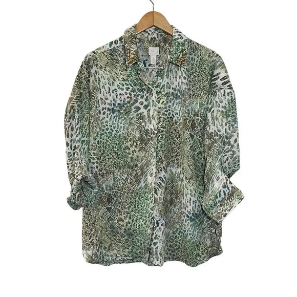 Chicos NWT Green Leopard Print Abstract Button Up Blouse Rhinestone Bling Collar - Picture 1 of 12